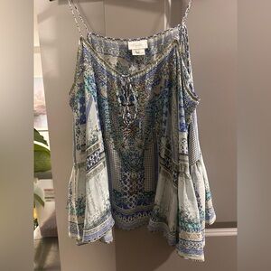 Camilla Embellished Silk Off-Shoulder Top in Porcelain Blues | Size M